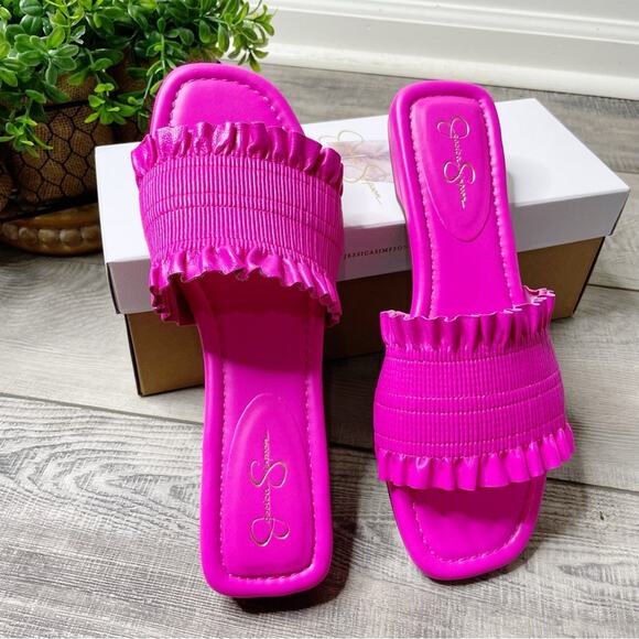 Jessica Simpson Camessa Ruffle Trim Faux Leather Slide Sandals Valley Pink 7.5M - Picture 2 of 4